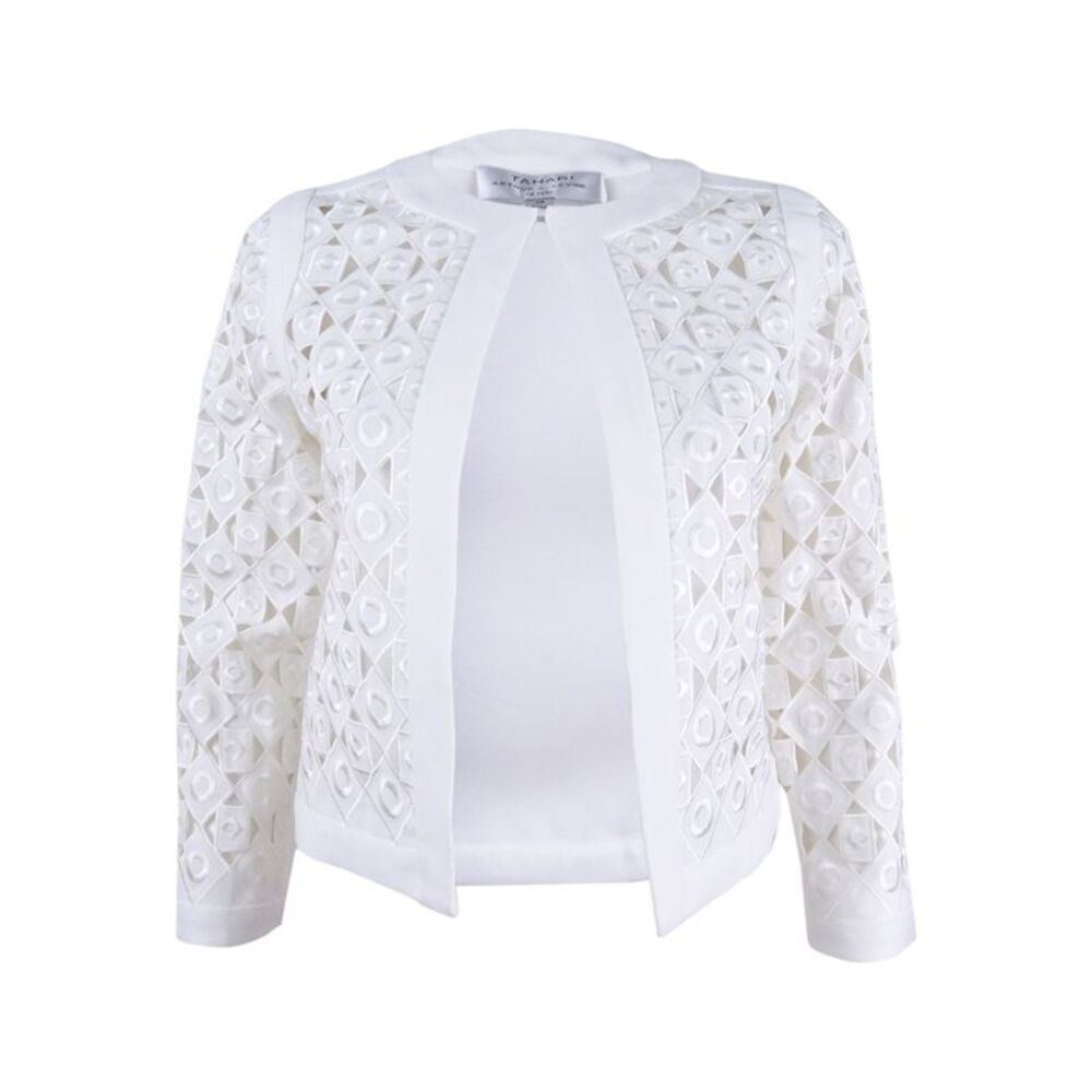 Tahari ASL Women's Petite Collarless Laser Cut Frame Jacket - Optic White